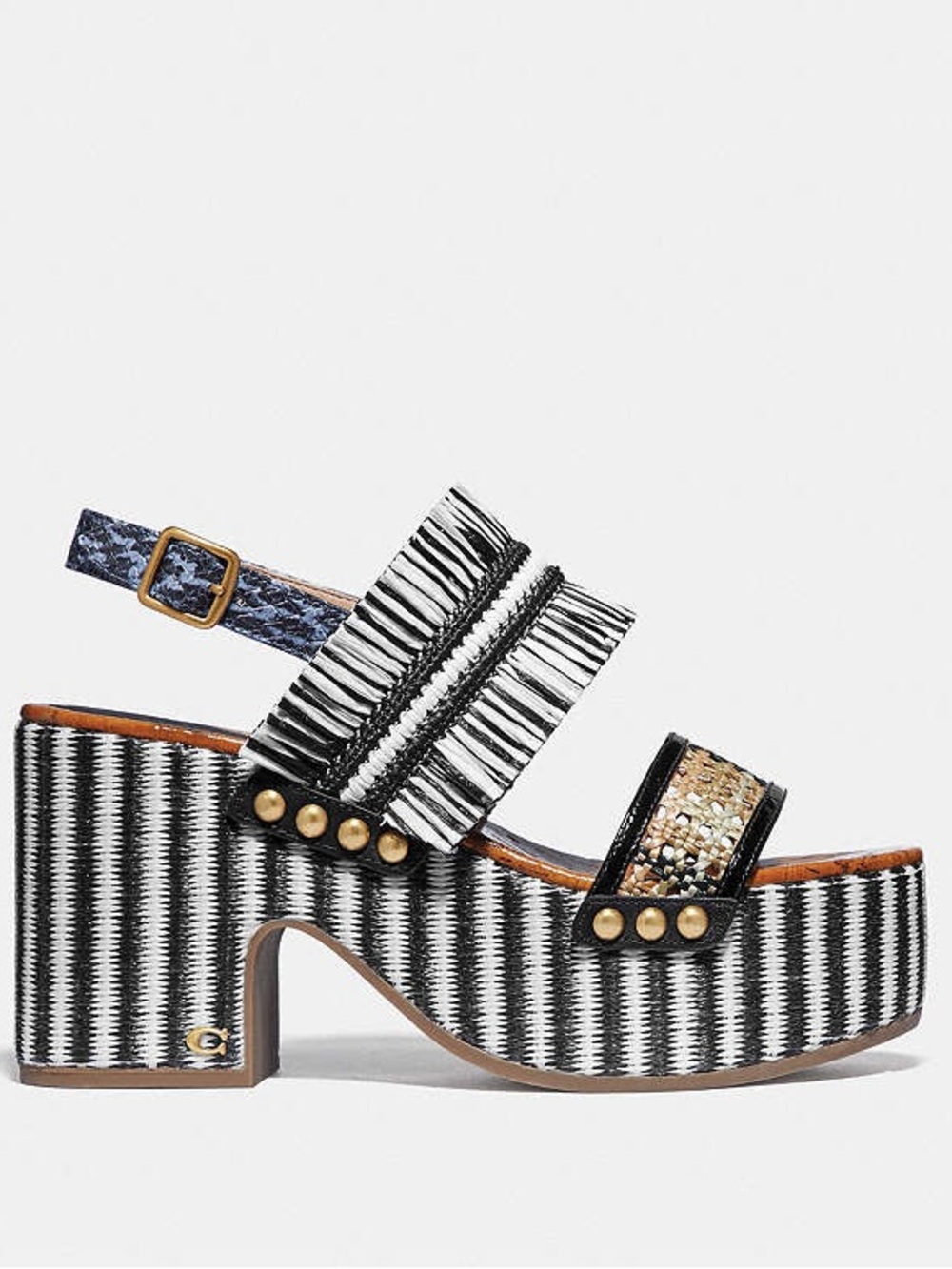 Coach Black & White Woven Platform Sandal with Raffia Strap - Picture 3 of 8